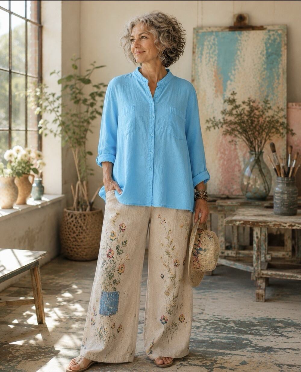 Eileen Fisher Organic Irish Linen Tunic Top L Blue Asymmetrical Button Front USA
